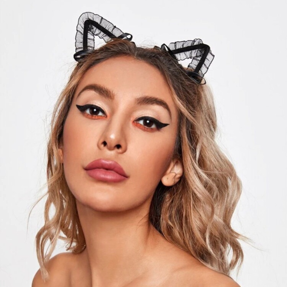 Black Mesh & Ribbon Cat Ears Headband - Picture 1 of 6